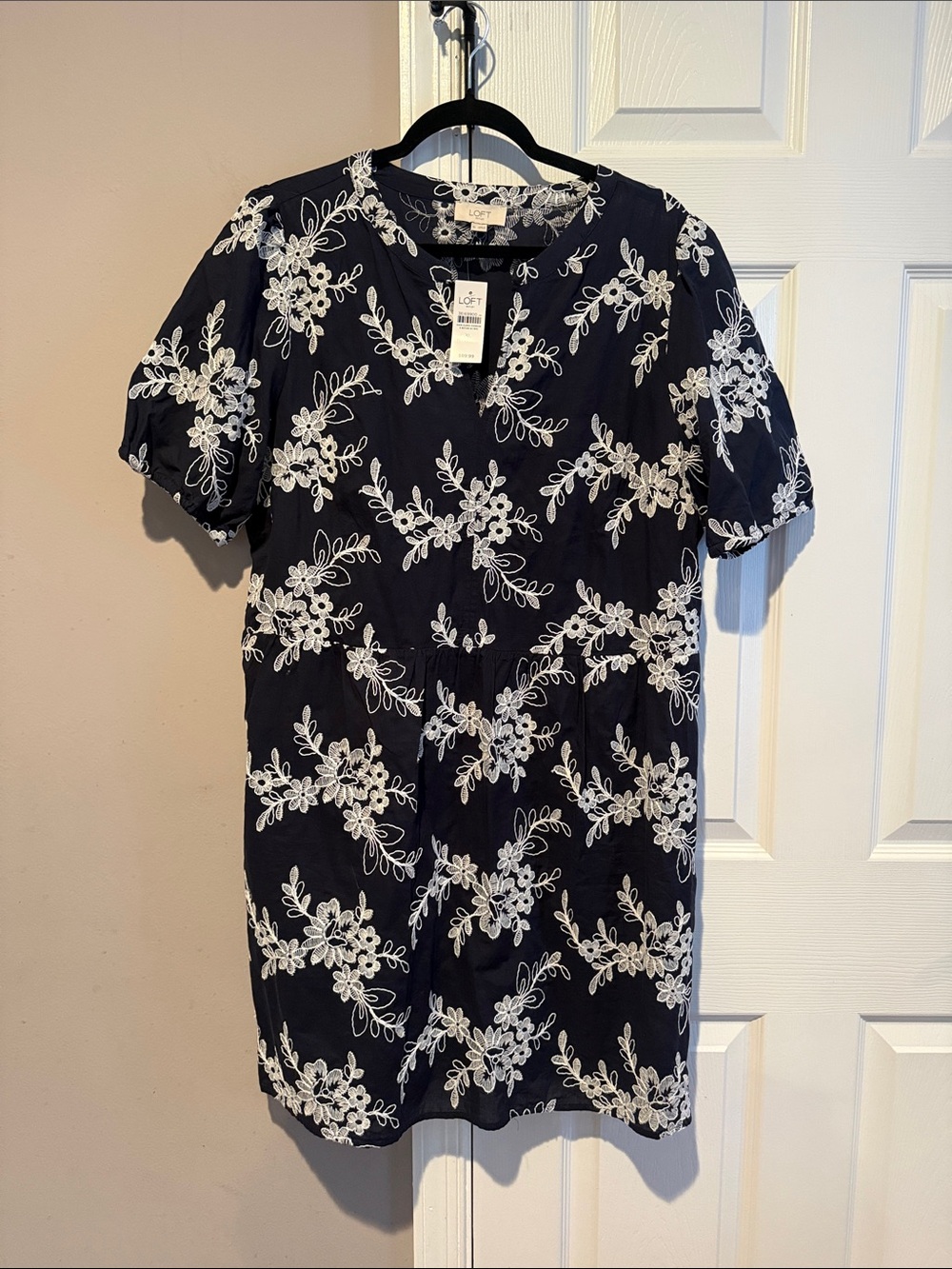 LOFT Navy Short Sleeve Dress with White Floral Lace